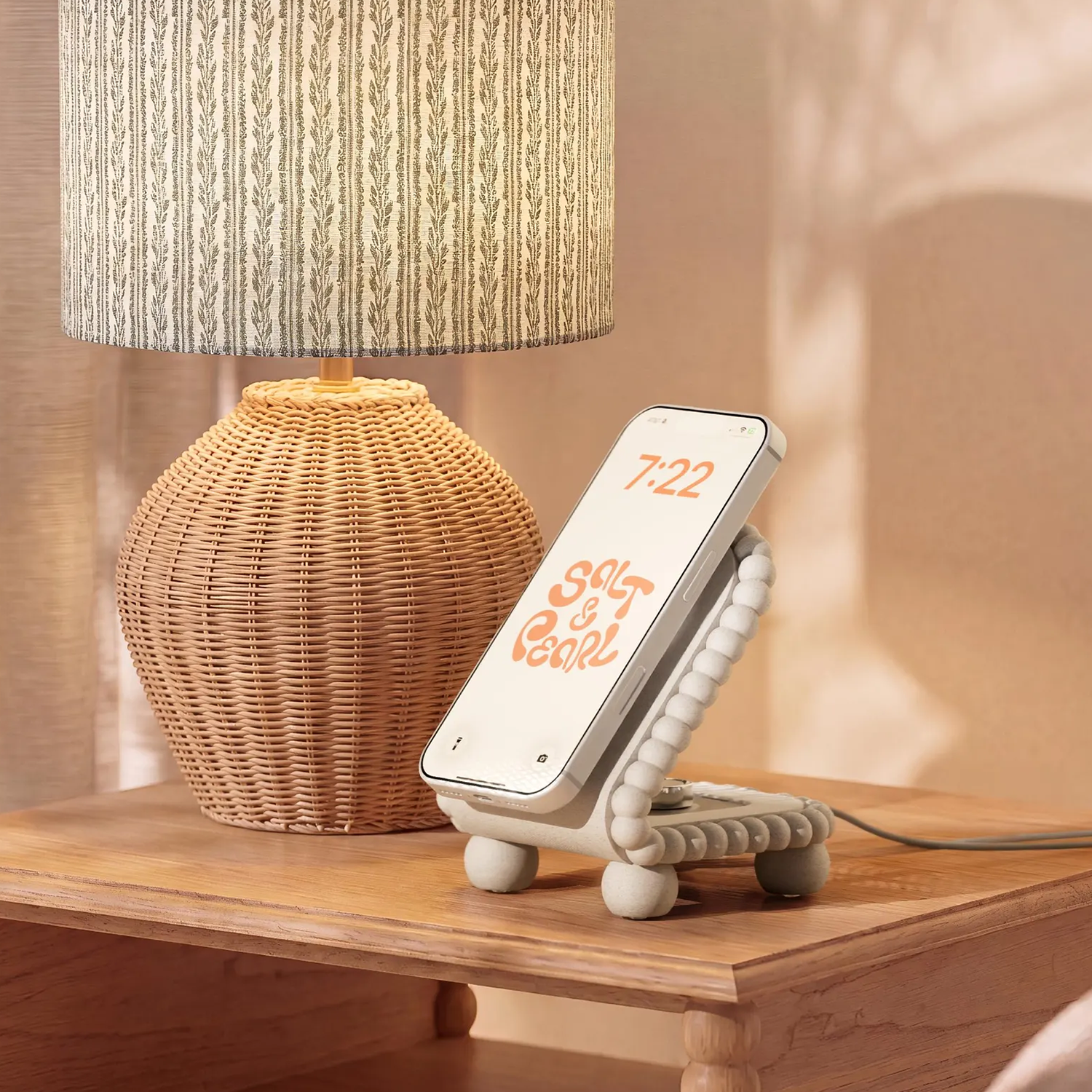 Beaded Dual Device Charging Cradle, Multi-Position Magnetic Smartphone Holder With Separate Slot For Wearable Chargers