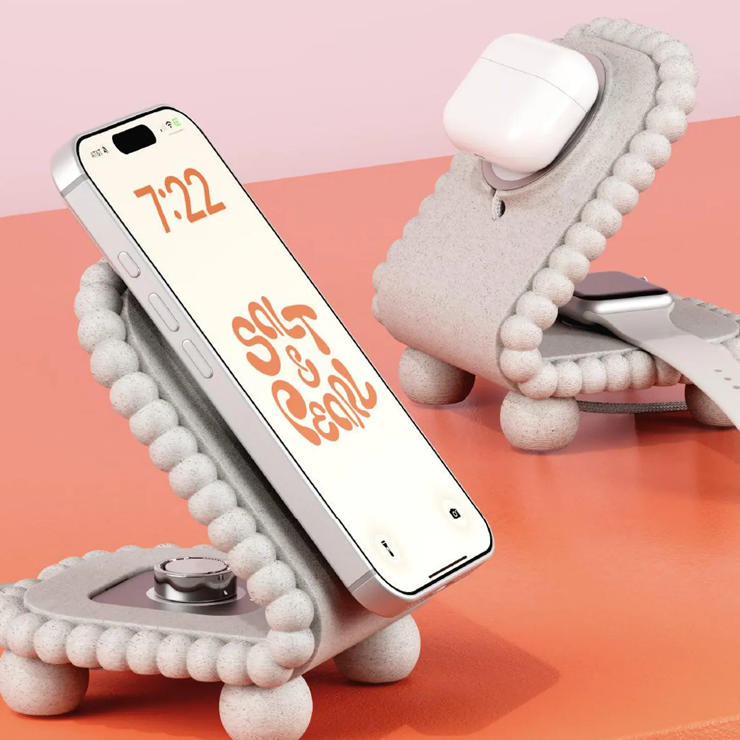 Beaded Dual Device Charging Cradle, Multi-Position Magnetic Smartphone Holder With Separate Slot For Wearable Chargers