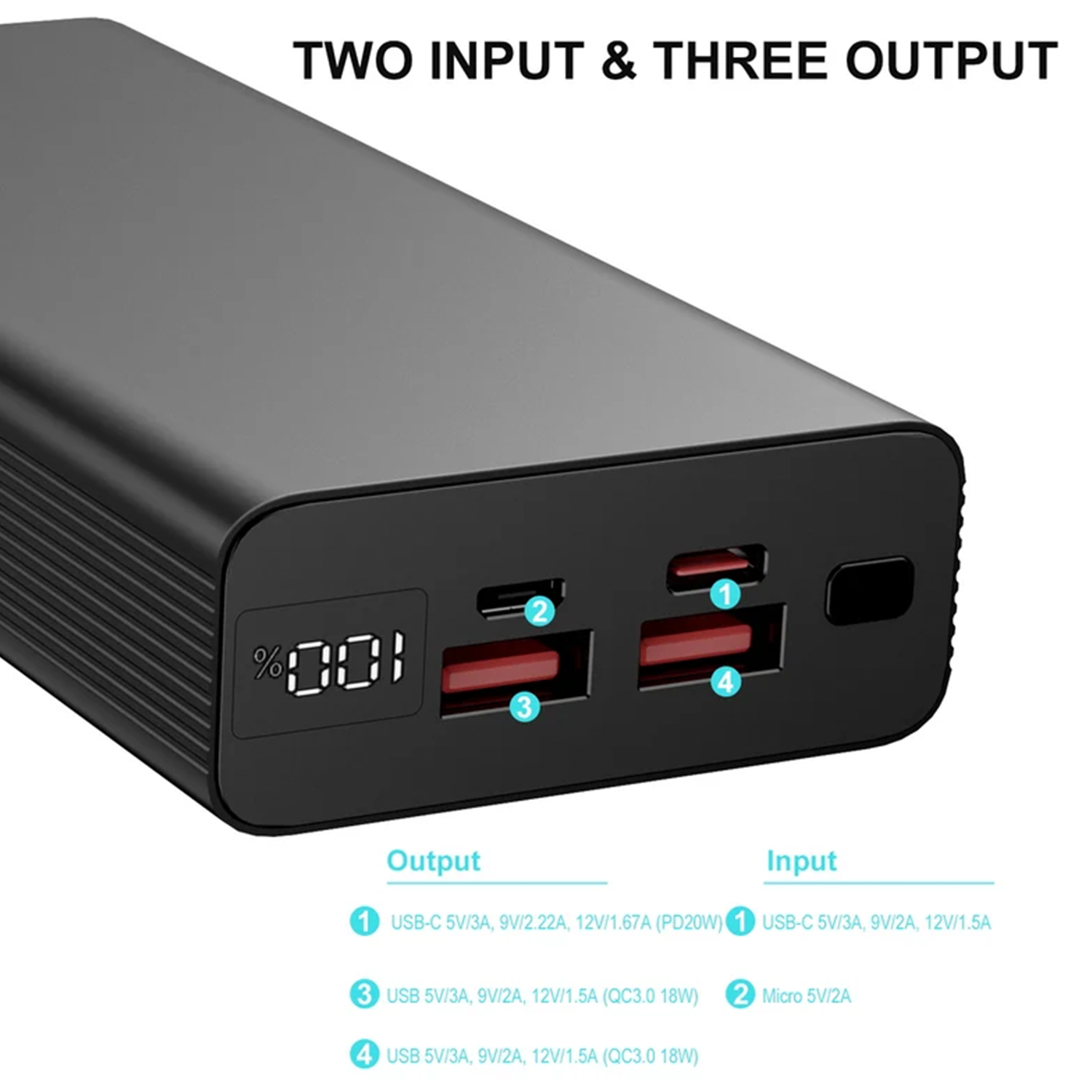 20000Mah Multi-Port Portable Power Bank, Digital Display External Battery Pack Supporting Concurrent Fast Charging