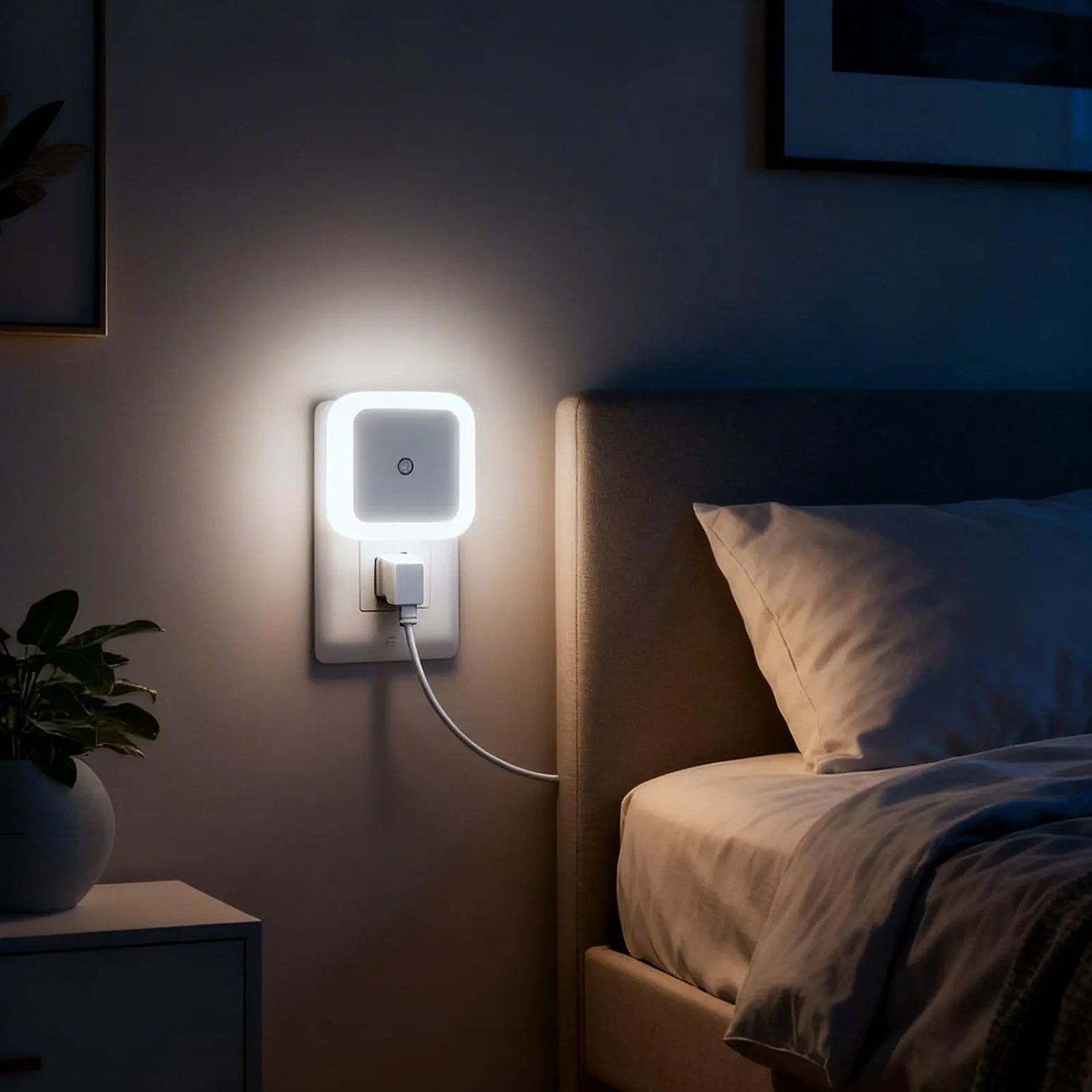Plug-In Ambient LED Night Lamp, Auto On-Off Light Sensing Fixture With Gentle Warm Glow For Indoor Walkways